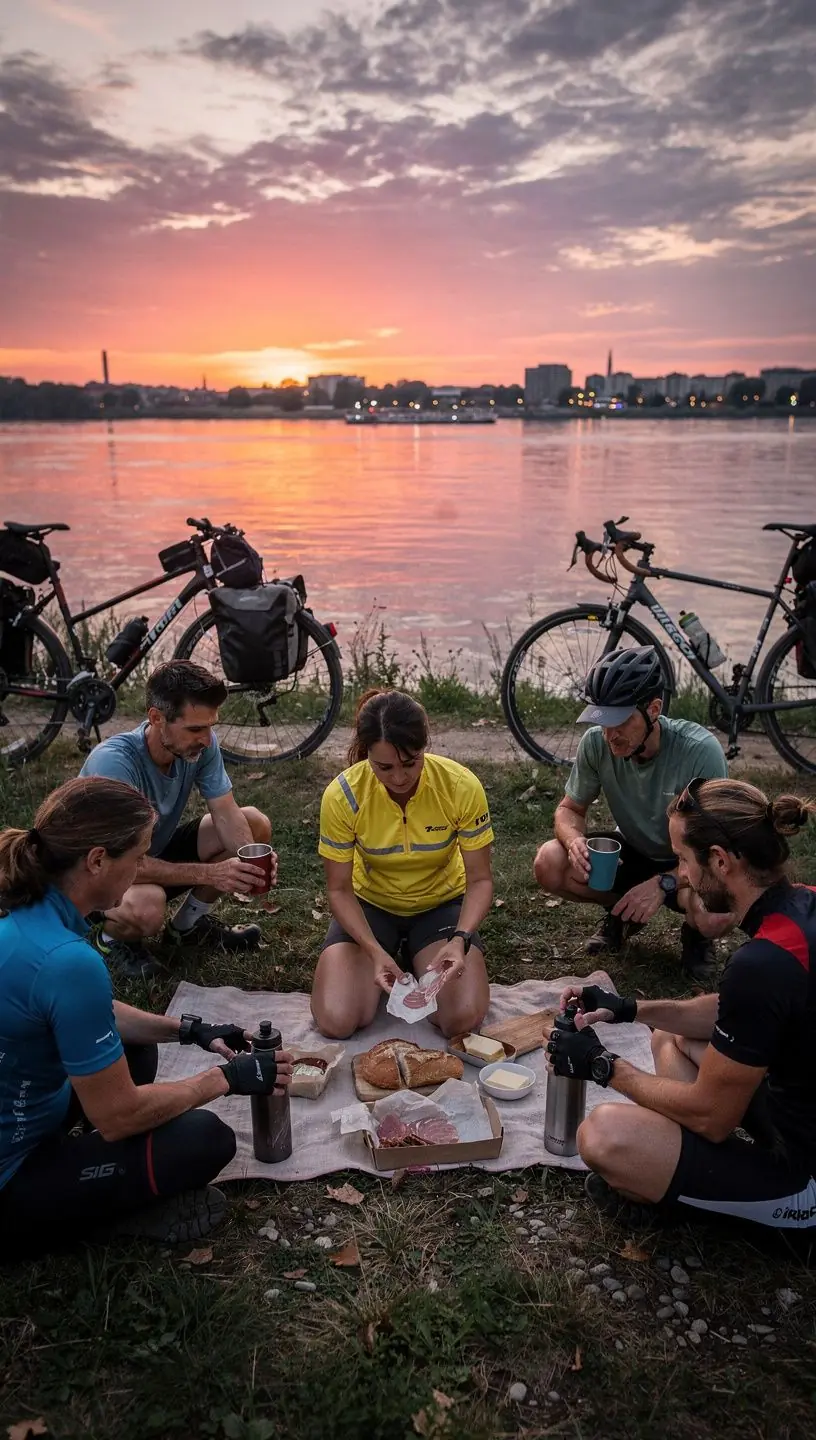 Fahrradfahrer auf einem malerischen Radweg entlang der Donau mit Blick auf das Wasser.
